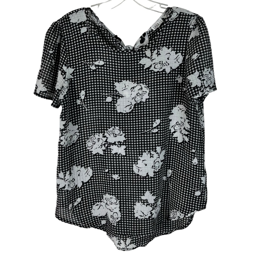Spence Black Floral Lightweight Bow Tie Back Short Sleeve Blouse Medium M Flower